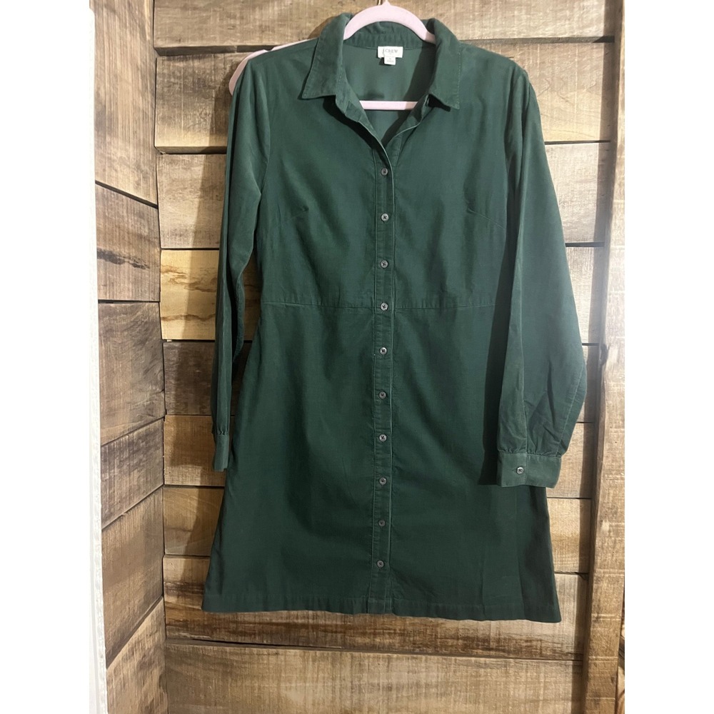 J.Crew Forest Green Corduroy Button Down Long Sleeve Mini‎ Shirt Dress Womens 8